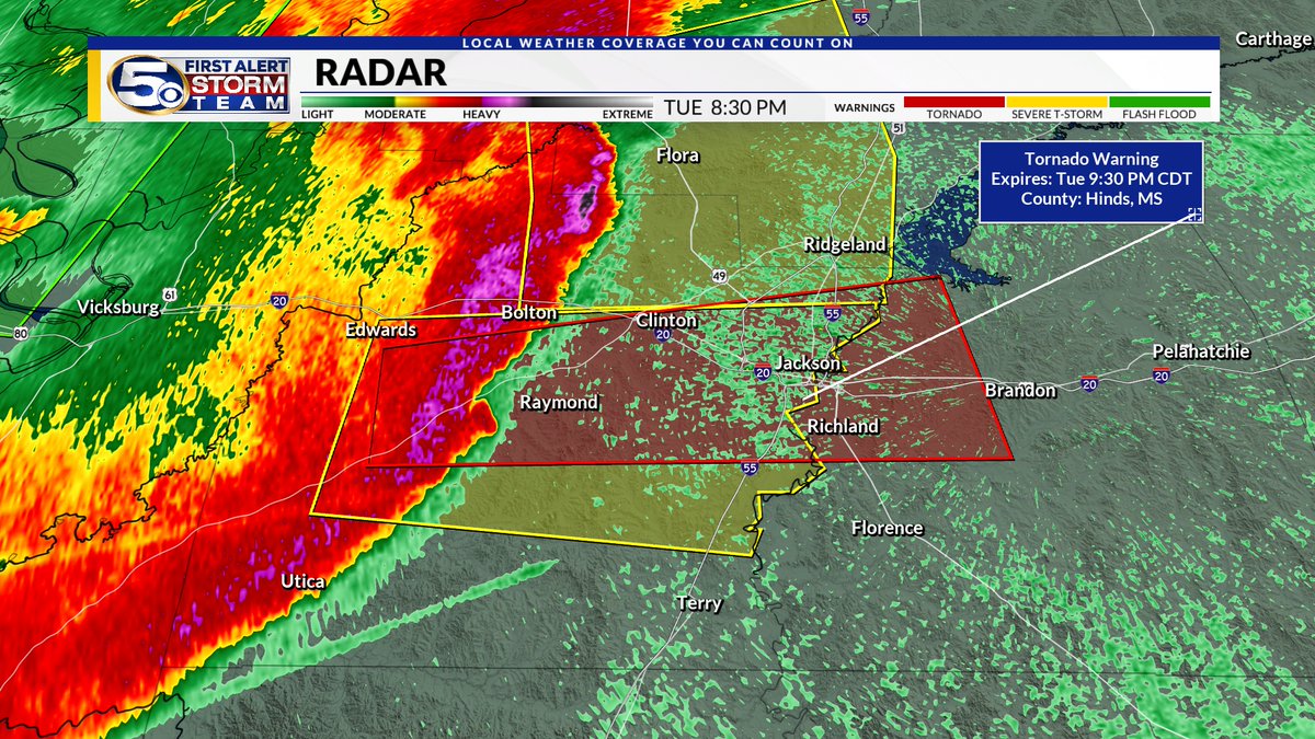 TORNADO WARNING for Hinds and Rankin Co. in MS. This includes the city of Jackson, AL. In effect until 9:30 PM. Take shelter. @WKRG #alwx #mswx #flwx