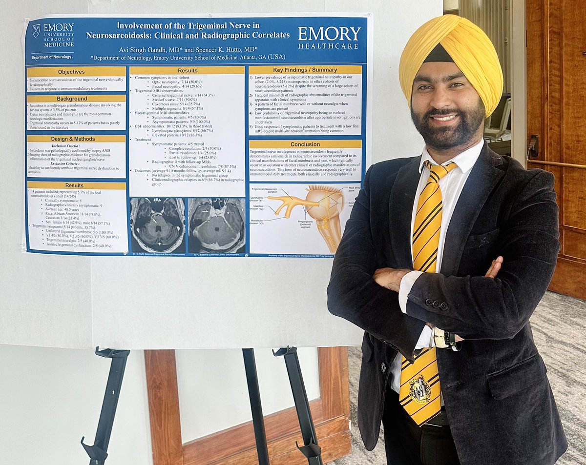 ⁉️Does #neurosarcoidosis involve the trigeminal nerve?

Absolutely❗️

@EmoryNeurology resident Dr. Avi Gandh explains in a recent poster:
🔹5.7% radiographically
🔹2.0% clinically symptomatic
🔹Cisternal trigeminal nerve, Meckel’s cave, and cavernous sinus most commonly affected