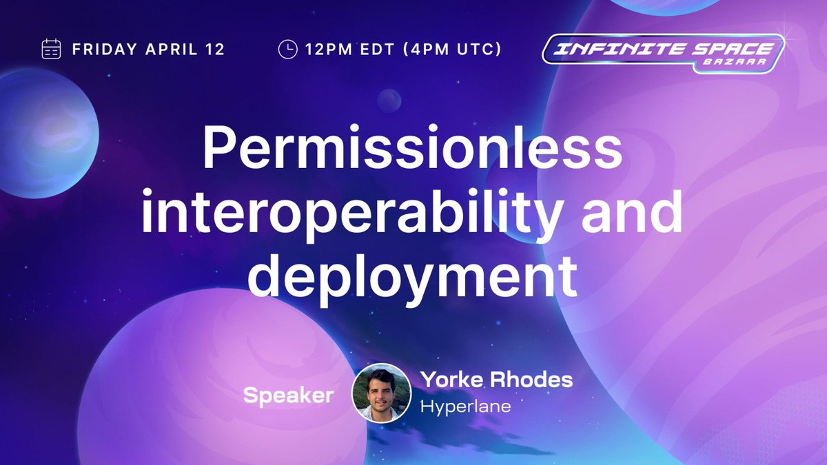 Explore 'Permissionless Interoperability and Deployment' at our #InfiniteSpaceBazaar Hackathon workshop by @celestia_devs @CelestiaOrg. Yorke Rhodes will take you through seamless app integration! 📅 April 12th, 12:00 PM EDT Join here: youtube.com/live/VOV5sON3B…