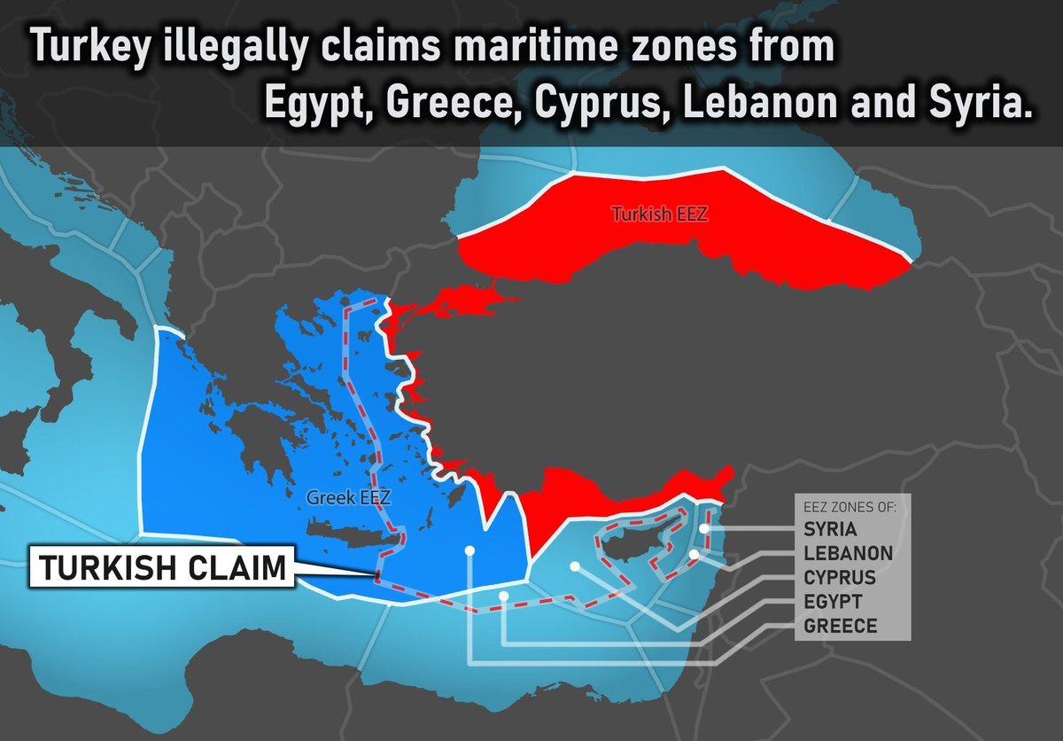 📌 Turkey's imperialistic — maximalistic claims against maritime EEZ territories of Egypt, Greece, Cyprus, Lebanon and Syria

Turkey illegally claims maritime zones from other countries. Acts that violate international law and international treaties

#EEZ #Greece #Turkey