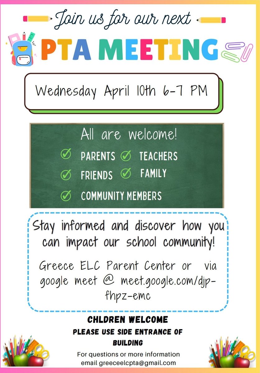 @GreeceELC PTA Meeting Tomorrow!!! Spread the Word. #ELCPTA #Parents #ParentEngagement #Teachers #Admin2 #BetterTogether #SharedVoice #GetInvolved @GreeceCentral @mikejferris2