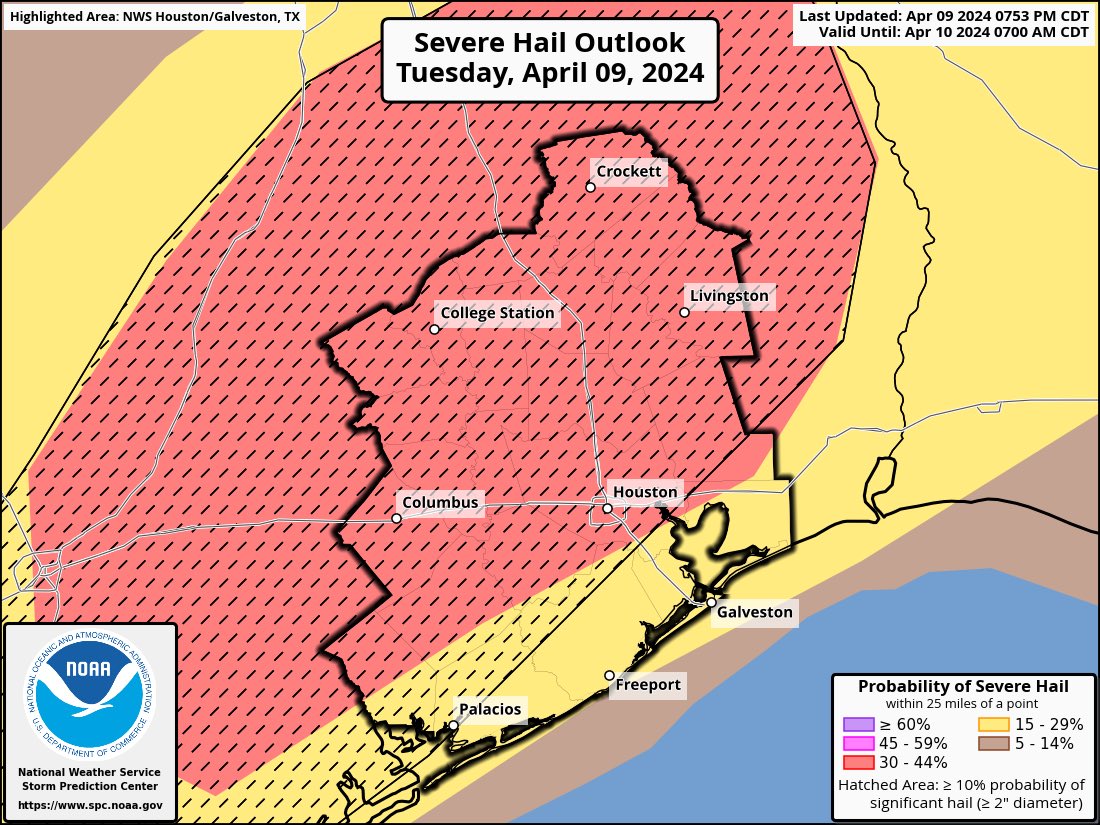 Enhanced risk shifted to majority of the Houston area with 10% tornado hatched and with hatched risk for damaging winds and hail. Tonight may be rough. Please have MULTIPLE ways to receive weather warnings. #houwx #txwx #wx