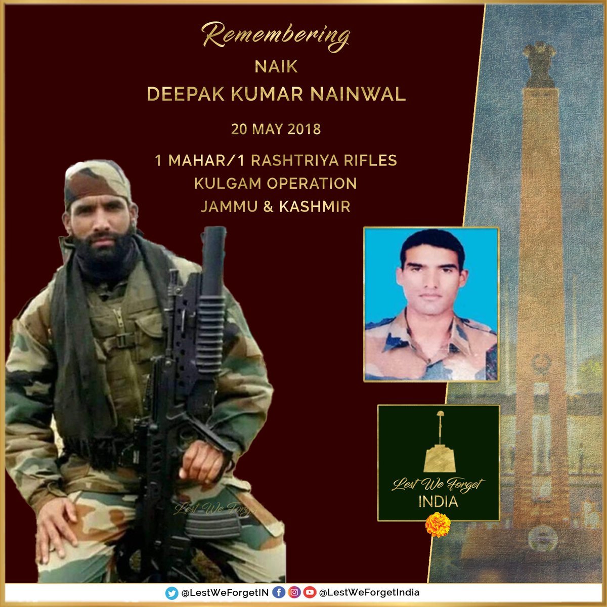 #Remembering Naik Deepak Kumar Nainwal - The fighter who fought till his last. #LestWeForgetIndia🇮🇳 It was #OnThisDay 10 April in 2018 that the #IndianBrave sustained bullet injuries during an anti-terror ops at Kulgam, J&K. On 10 April 2018, information was received about…