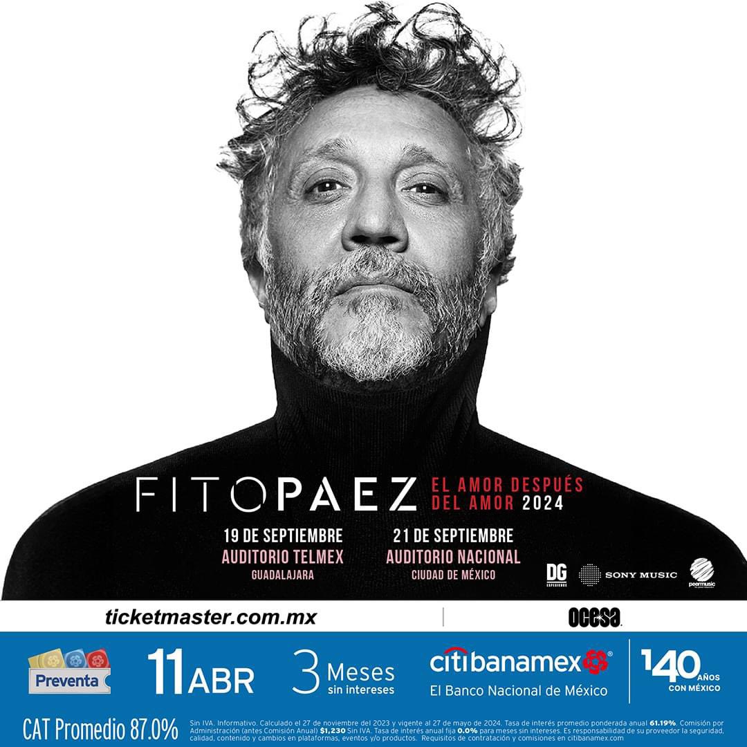 Fito Páez anuncia fechas de regreso a nuestro país la primera parada será en Guadalajara en Auditorio Telmex el 19 de septiembre y después en la Ciudad de México en Auditorio Nacional el 21 de septiembre. Preventa Citibanamex: 11 de abril Venta general: 12 de abril