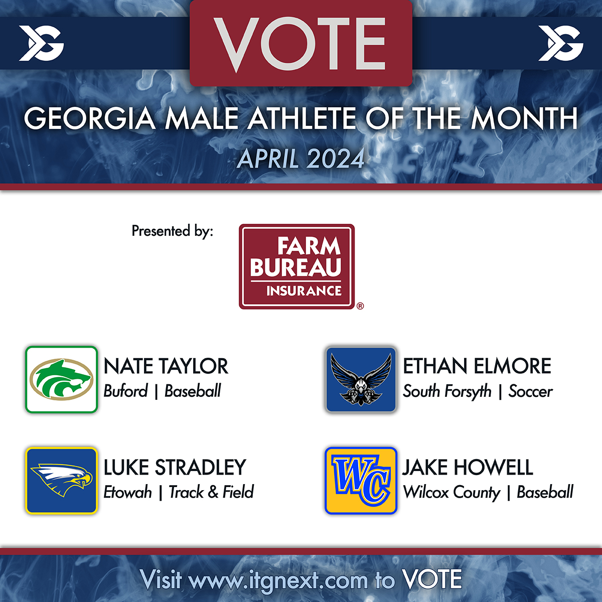Click the link below to vote for the ITG Next Georgia Male Athlete of the Month, Presented by @GaFarmBureau #sponsored itgnext.com/vote-itg-next-… @Nate24Taylor @lukestradley1 @jake_howell7 @bufordathletics @EtowahHS @SouthForsythHS
