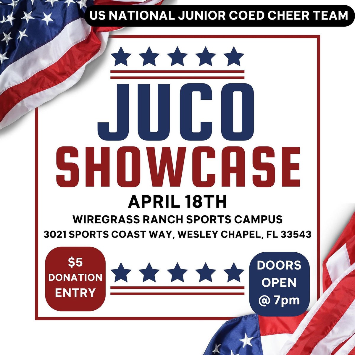 Don’t miss out on the opportunity to watch these amazingly talented athletes perform April 18! This routine will not disappoint! ❤️🤍💙🦅🇺🇸 #cheer #usacheer #juco #cheerteam #showcase #worlds #cheerworlds