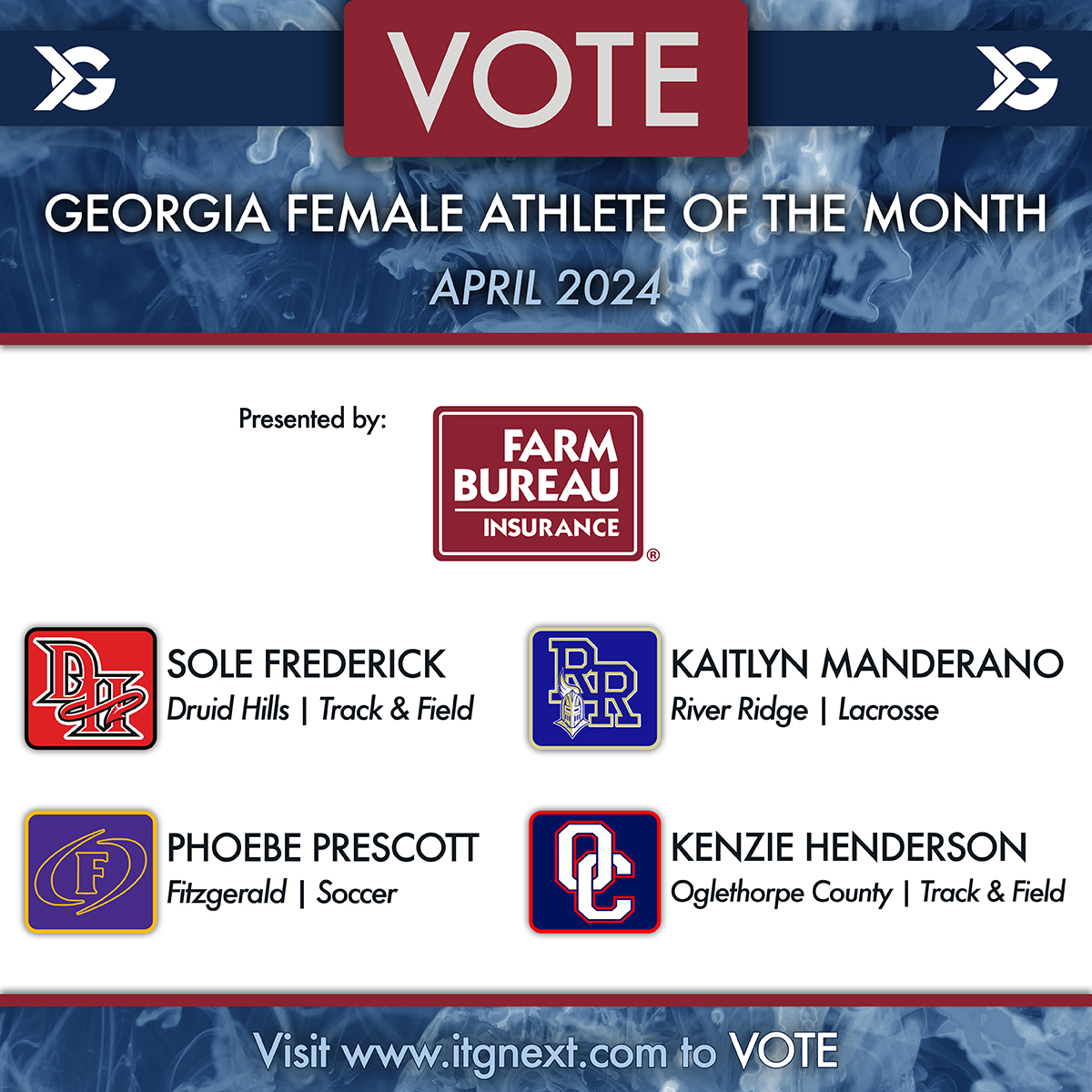 Click the link below to vote for the ITG Next Georgia Female Athlete of the Month, Presented by @GaFarmBureau #Sponsored itgnext.com/vote-itg-next-… @1SoleFrederick @DruidHillsHigh @KnightNation_09