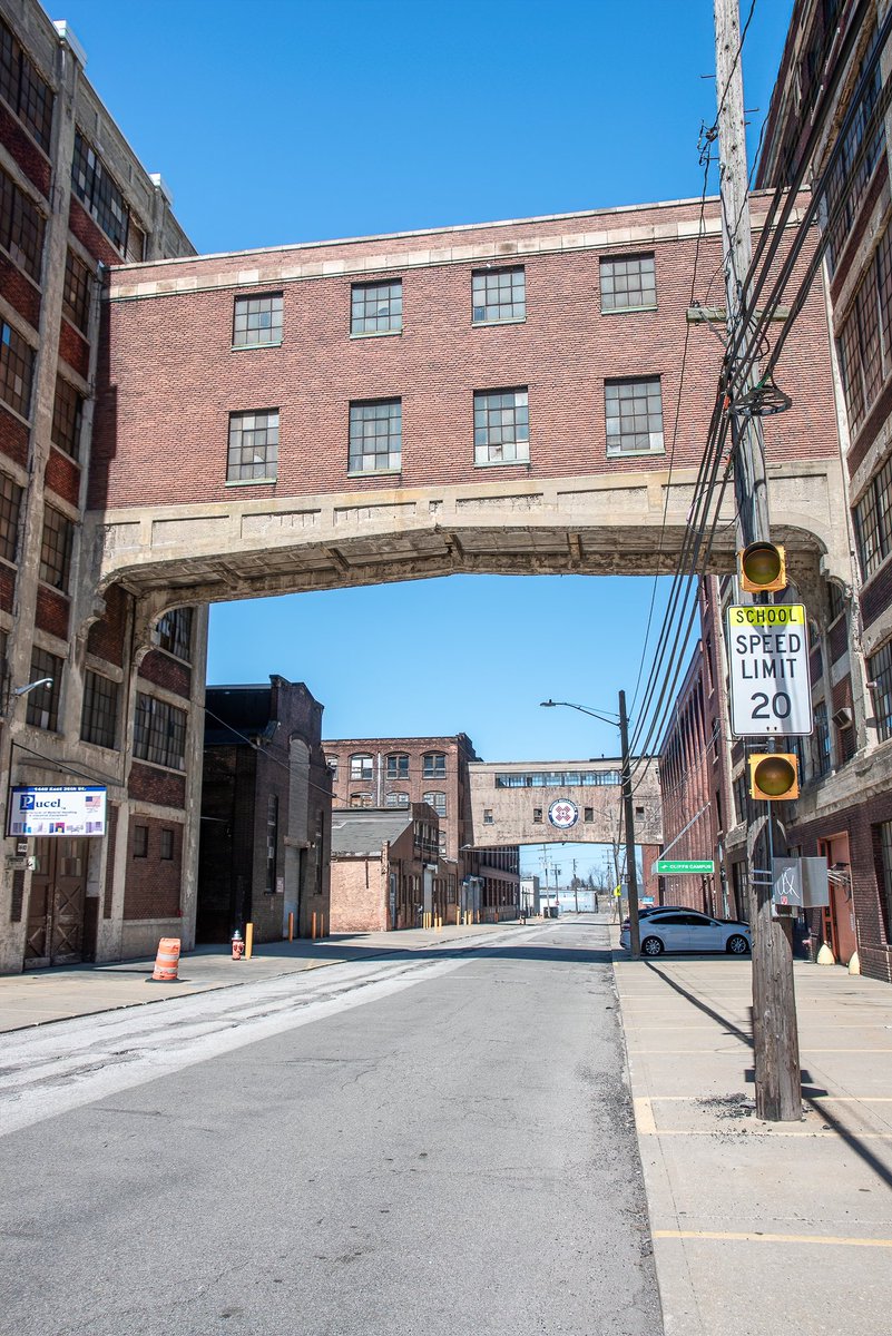 Skyway Highway; the former Tyler Elevator Company factory in Cleveland, Ohio; once an elevator cab manufacturer that moved to new facilities in 1968, it was later renovated into separate businesses and apartments. An example of how old buildings can achieve new life!