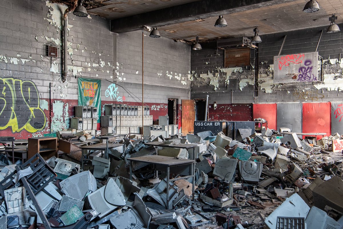 Garbage in, garbage out; dozens of computers were stored inside the gymnasium of this abandoned Gary, Indiana elementary school. Vandals annihilated almost all of them.