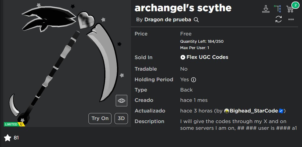 • ⭐  UGC GIVEAWAY!! 1x archangel's scythe! 🖤🤍

•  Requirements: 🌠

• Like ❤ And ♻️ Retweet

•  👑  Follow Me and @Alee_mttl 

•  Ends 2 Day 3:20 PM EST ⏳✨

•  Good Luck!! 🍀

• Thanks @Alee_mttl For The Codes 💎🔥