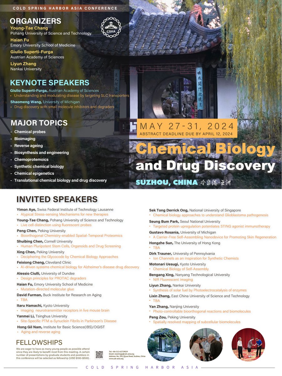 Abstract submission deadline for #CSHAsia meeting on #Chemical Biology and #Drug Discovery is approaching. We sincerely welcome you to participate in this fantastic meeting. Registration is always open via csh-asia.org/?content/1300. We are waiting for you in Suzhou.