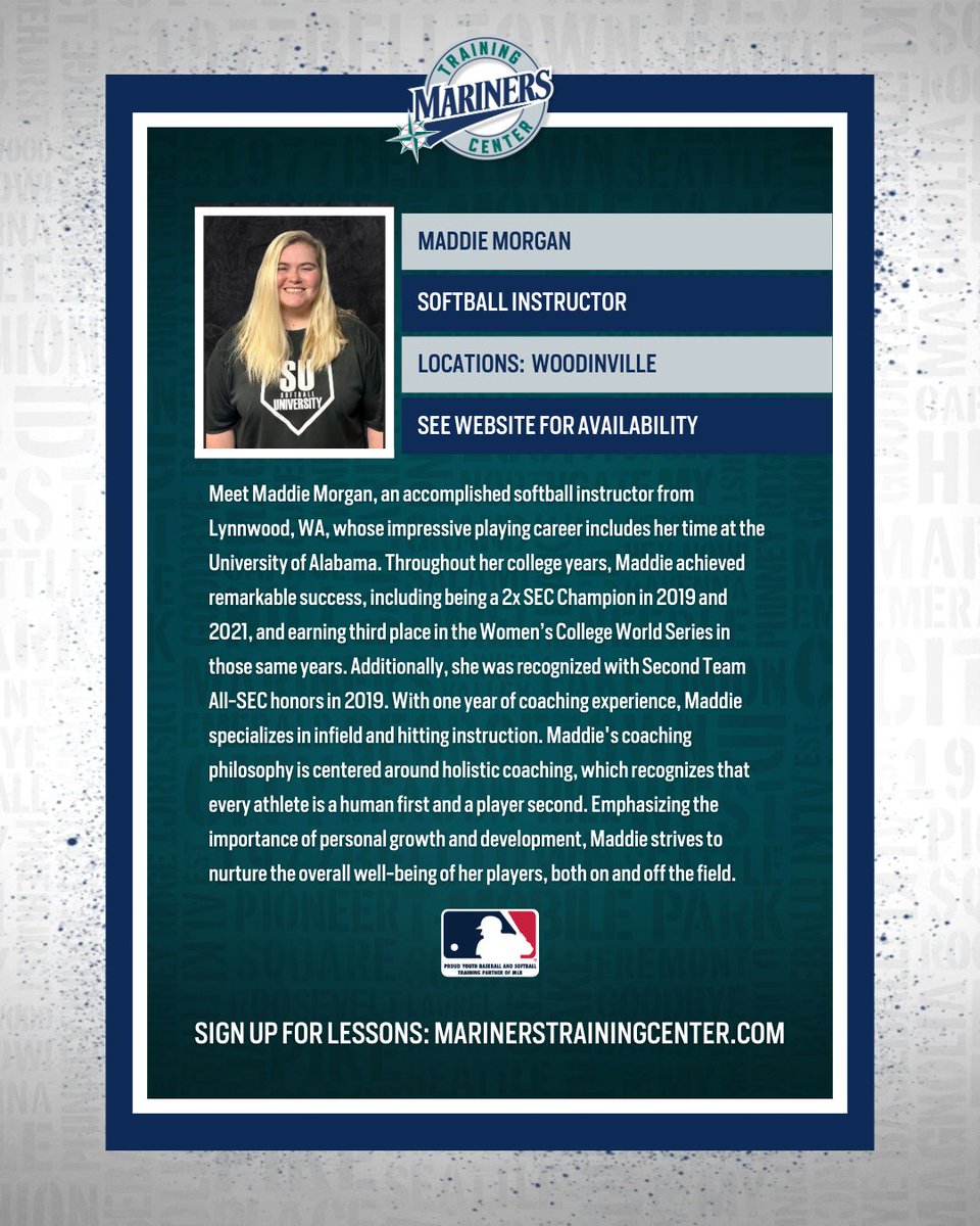 Softball Instructor Spotlight! 🌟 Maddie Morgan | 📍 MTC Woodinville Specializing in infield and hitting Book a lesson with her today! 👉 marinerstrainingcenter.com/lessons/