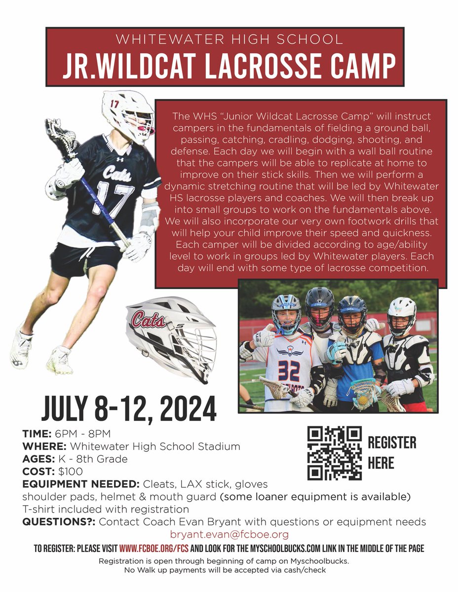Whitewater HS Boys Lacrosse (@whslaxboys) on Twitter photo Super Excited to announce registration has opened for our 4th Annual WHS Boys Jr. Wildcat Lacrosse Summer Camp! K-8th Graders Welcome! <a href="/WHSAthletics_/">Whitewater High School Athletics</a> Camp details below: direct Link to registration is as follows: myschoolbucks.com/ver2/stores/ca… Super Excited to announce registration has opened for our 4th Annual WHS Boys Jr. Wildcat Lacrosse Summer Camp! K-8th Graders Welcome! <a href="/WHSAthletics_/">Whitewater High School Athletics</a> Camp details below: direct Link to registration is as follows: myschoolbucks.com/ver2/stores/ca…