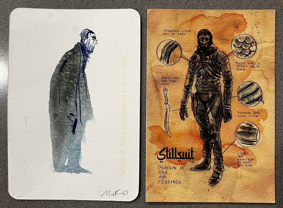 Best part of Matt Kindt’s Patreon: seeing what experimental art style he’s doing next! “Absorbing layer next to skin” “Micro shells absorb solar power” “Knife made from worm tooth” “Interior pods store water” “Layers are staggered to keep out sand” “Diagram of use and function”