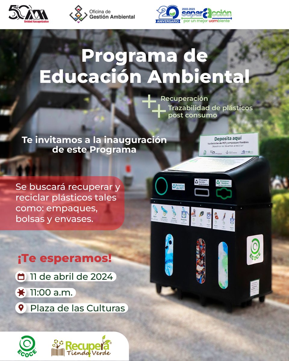 ¡En nuestra Casa cada día somos más verdes! ¡Acompáñanos en la inauguración del Programa de Educación Ambiental con el que buscamos más recuperación y más trazabilidad de plásticos post consumo! 📅 11 de abril de 2024 🕐 11:00 hrs 📍 Plaza de las Culturas