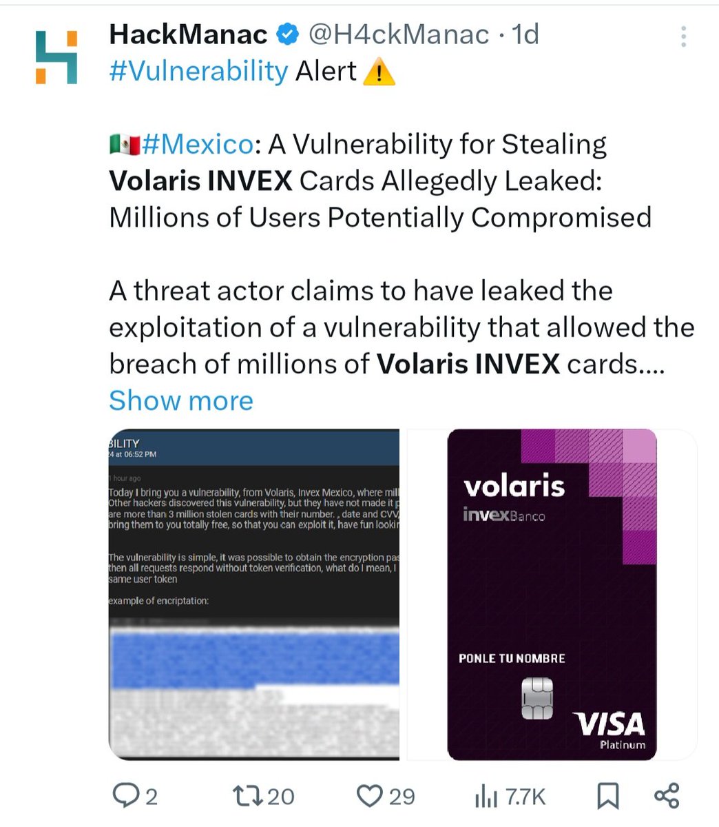 📍 Me llamaron de Invex para decirme que son falsos los rumores de que hackearon a tarjehabientes de Invex Volaris. Así que esto que circula por ahí 👇 es falso. También me dijeron que hubo un incidente pero que no más de 500 clientes cayeron en la trampa de los delincuentes. 🇲🇽