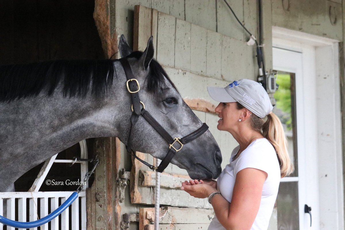 Some special #throwback photos in honor of champion Essential Quality's 6th birthday 👑 The morning after his 2021 GI Travers Stakes victory with his best friend and exercise rider, Katie Tolbert ❤️ It's hard to believe his first foals are yearlings this year!