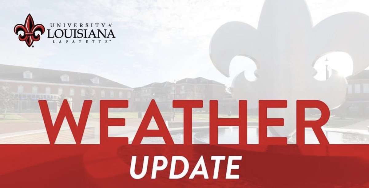 Due to expected severe weather in the morning, the UL Lafayette will have a delayed opening on Wednesday, April 10. Classes will begin and offices will open at noon. See the full announcement in your university email or online louisiana.edu/news/universit…