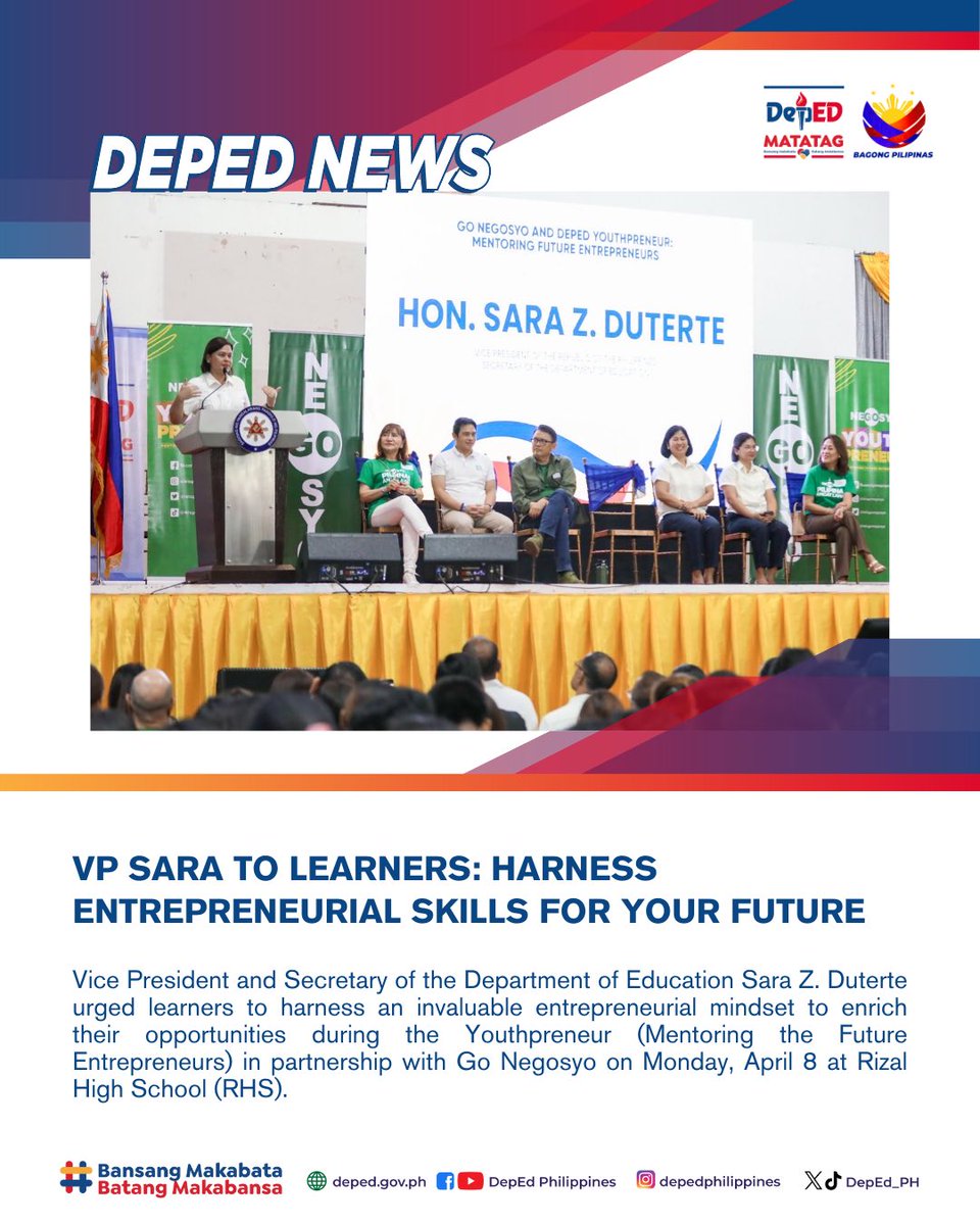 VP-Secretary Sara Z. Duterte urged learners to harness an invaluable entrepreneurial mindset to enrich their opportunities during the Youthpreneur (Mentoring the Future Entrepreneurs) in partnership with Go Negosyo on Monday, April 8 at Rizal High School (RHS). Read:…