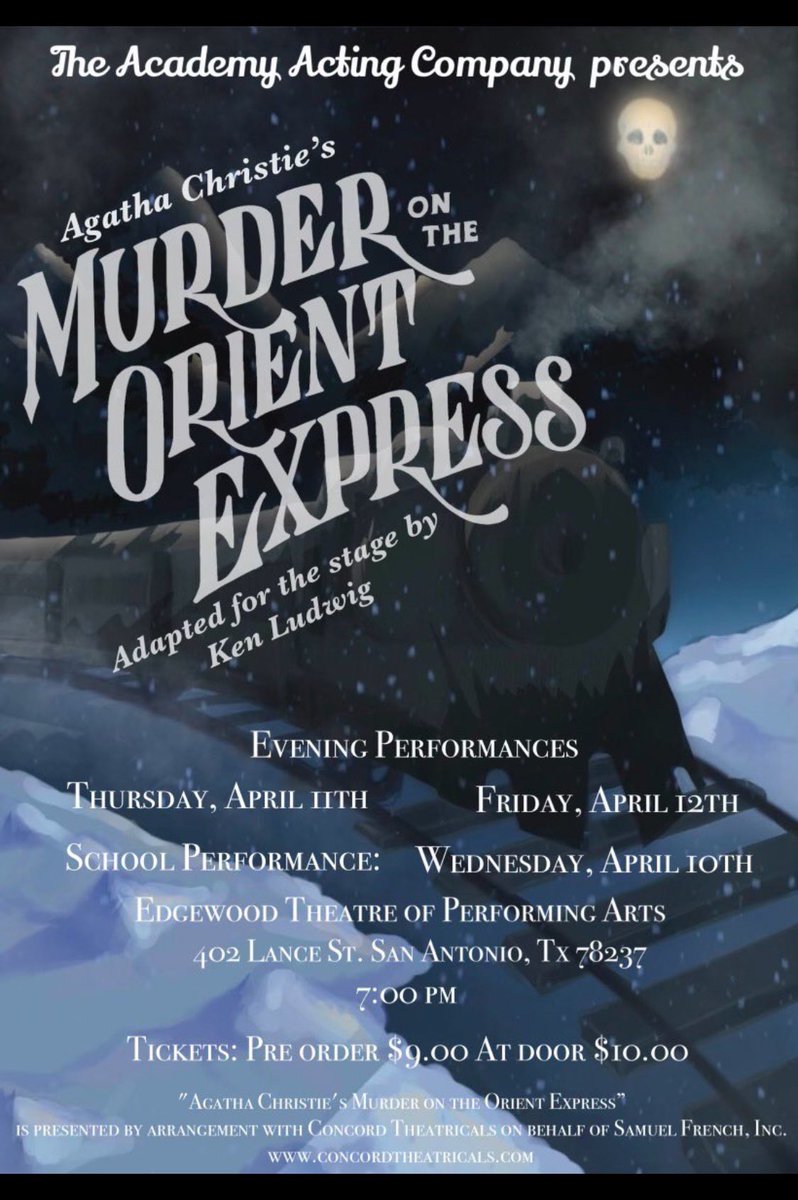 🎭 Don't miss out! This Thursday and Friday, come show your support for @AcademyActingCo gripping production of 'The Murder on the Orient Express'! 🚂 #Theater #SupportLocalArts @EISDofSA