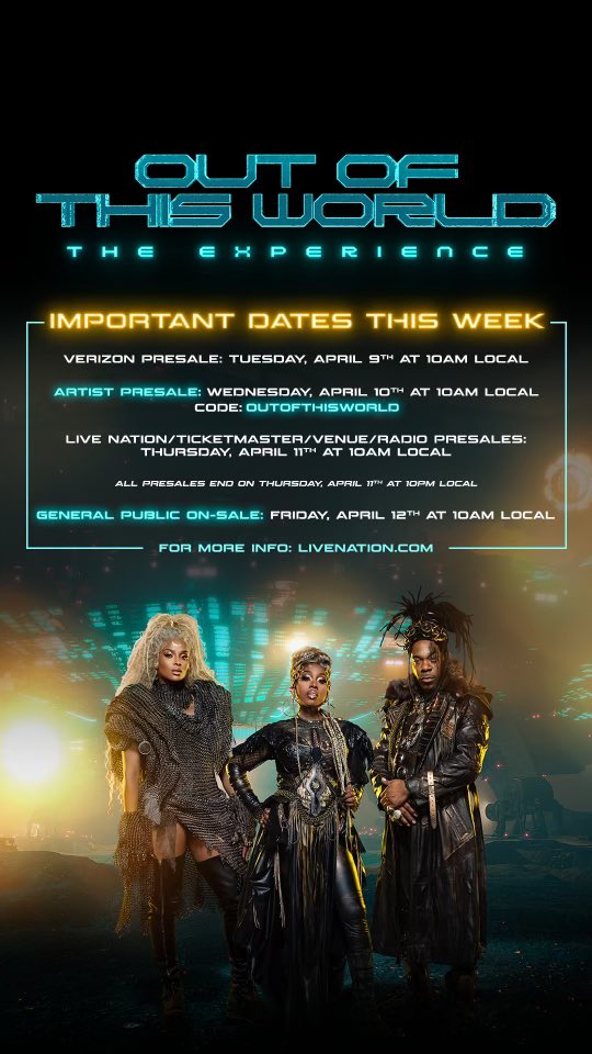 I know I said Thursday BUT the PRESALE been pushed up to TOMORROW🙌🏾 4/10 at 10am local time for the #OutOfThisWorldTour! Yep Spaceship lifting off with @ciara @BustaRhymes, & @Timbaland! 👽🛸🔥 ticketmaster.com/ciara-tickets/… Use code: OUTOFTHISWORLD for tickets 🚀