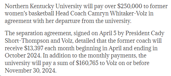 Through a separation agreement, Northern Kentucky will pay more than $250,000 to former WBB head coach Camryn Whitaker-Volz thenortherner.com/news/2024/04/0…