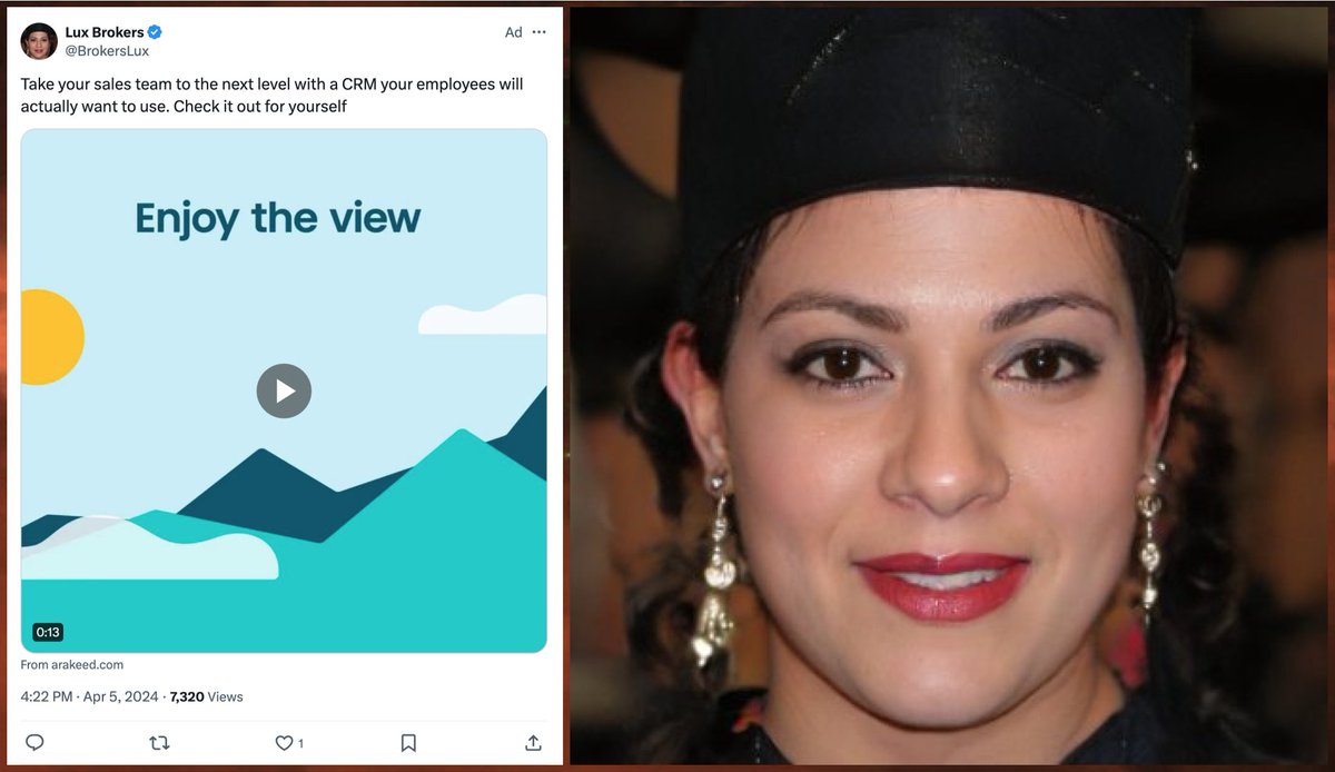 Another day, another dubious ad from a blue check account with a GAN-generated face. Today's GANtastic advertiser is @BrokersLux - note the surreal background and hat, mismatched earrings, and oddly-shaped ears on the profile image.