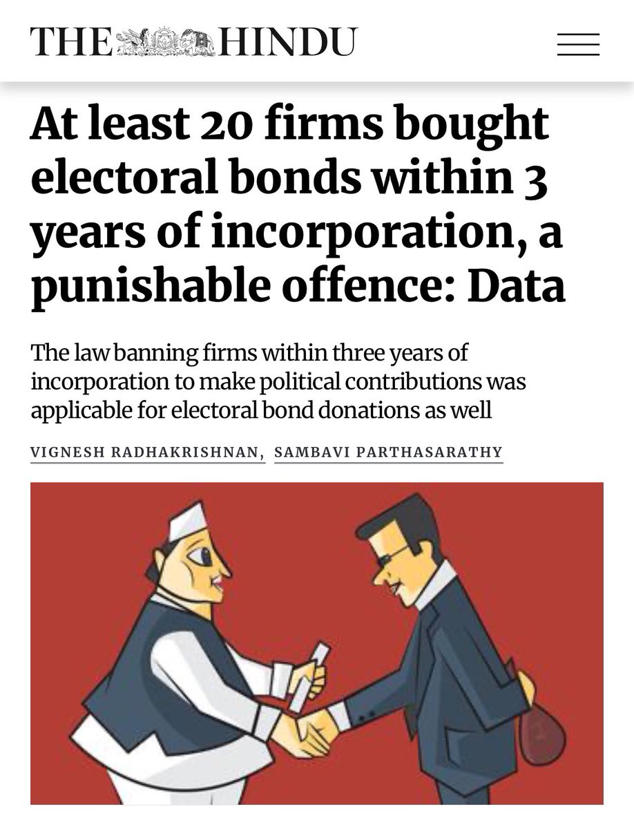 1/ 2 Despite companies in existence for less than 3 years not being allowed to make political contributions — even through #Electoral_Bonds route — data shows that at least 20 such newly incorporated firms purchased poll bonds worth about ₹103 crore thehindu.com/data/at-least-…