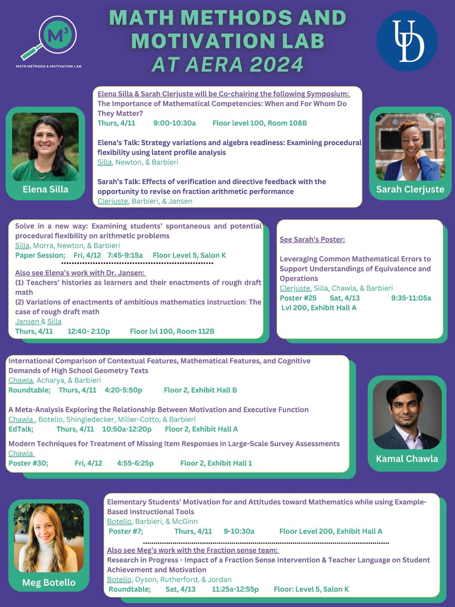 If you're in Philly for #AERA24 please stop by some of our lab's work & that of our collaborators - presentations by @UDSOE students @elenamsilla @Clerjuste_Sarah @kamalc31 @MegBotello w/coauthors @MandyMathEd @danacotto @bluehengabbym @srujana_acharya & more! Corrected flyer⬇️