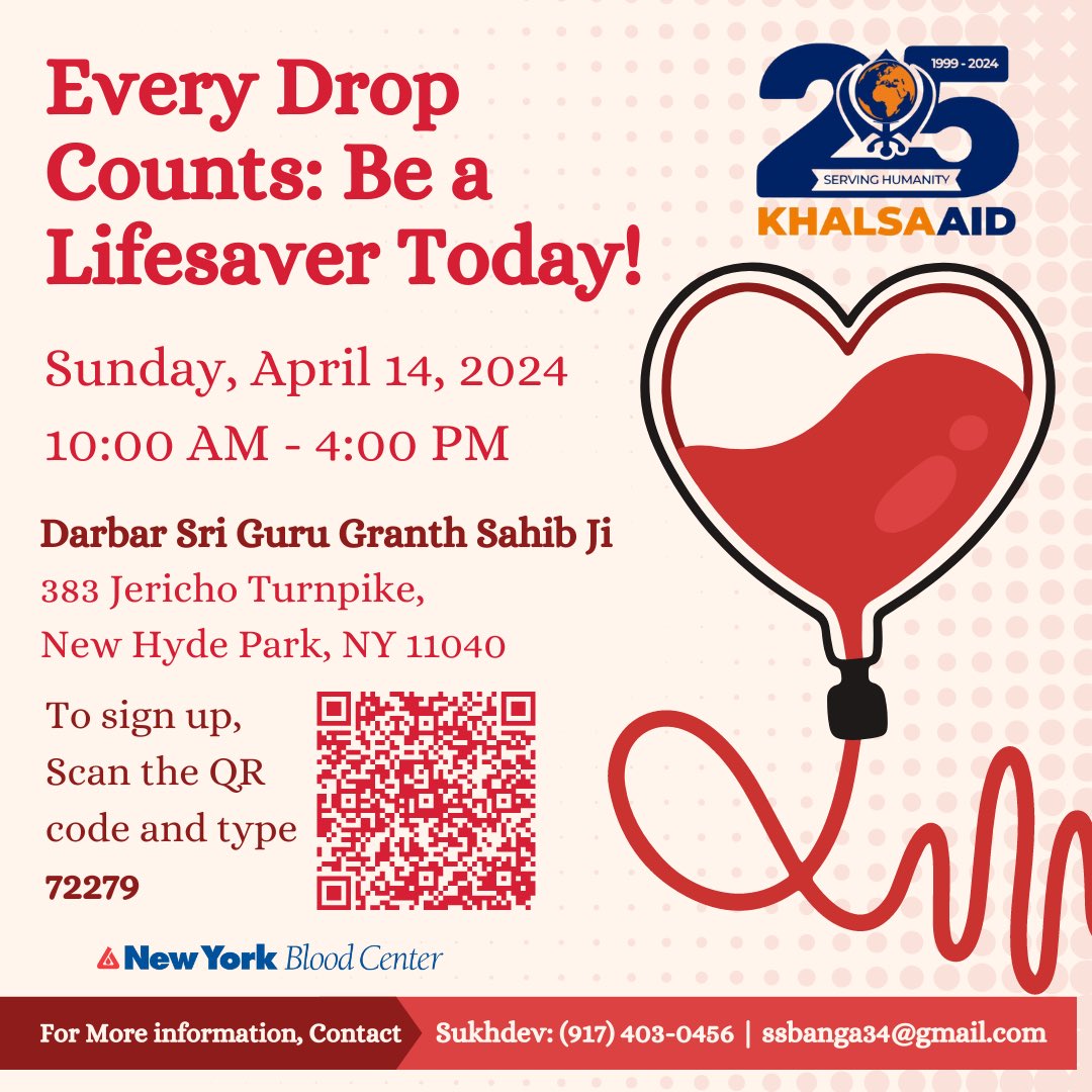 On Sunday, April 14, 2024 Khalsa Aid New York team will be hosting a blood drive with New York Blood Center at Darbar Sri Guru Granth Sahib Ji, New Hyde Park, NY. Scan the QR code to register. All are welcome to attend. #blooddonation #donateblood #khalsaaid #khalsaaidusa
