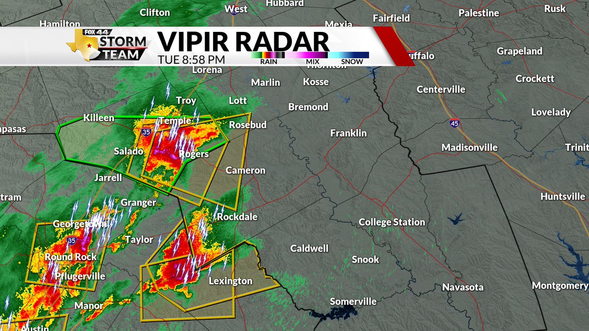 A SEVERE THUNDERSTORM WARNING has been issued for Bell, Milam, and Falls Counties until 10PM. Storms moving east 20 mph. Main threats being golf ball sized hail (1.75 inches) with 60 mph wind gusts. Be weather alert. #fox44wx