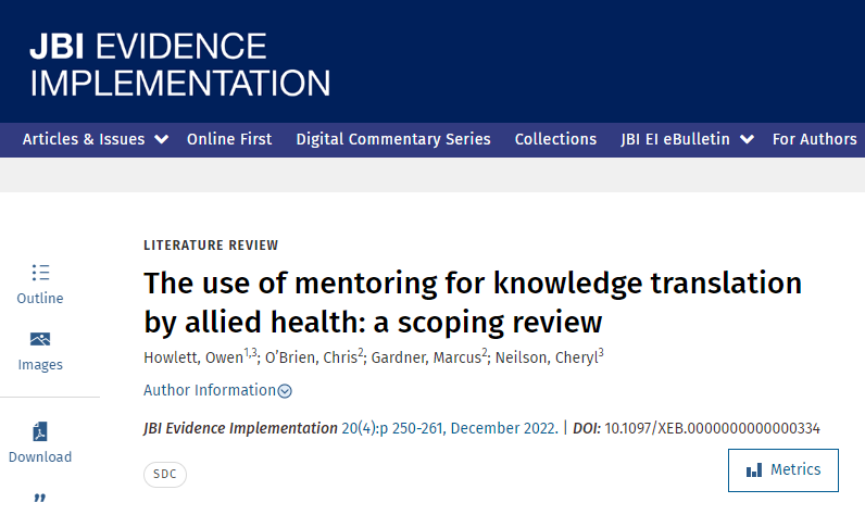 JBI_EI's tweet photo. The use of mentoring for knowledge translation by allied health: a scoping review
This @JBI_EI manuscript explores the benefits of mentoring in guiding allied health professionals to better utilise research evidence in their daily practice.
https://t.co/bAmKOIbBw5 https://t.co/vDPl4kfxdJ