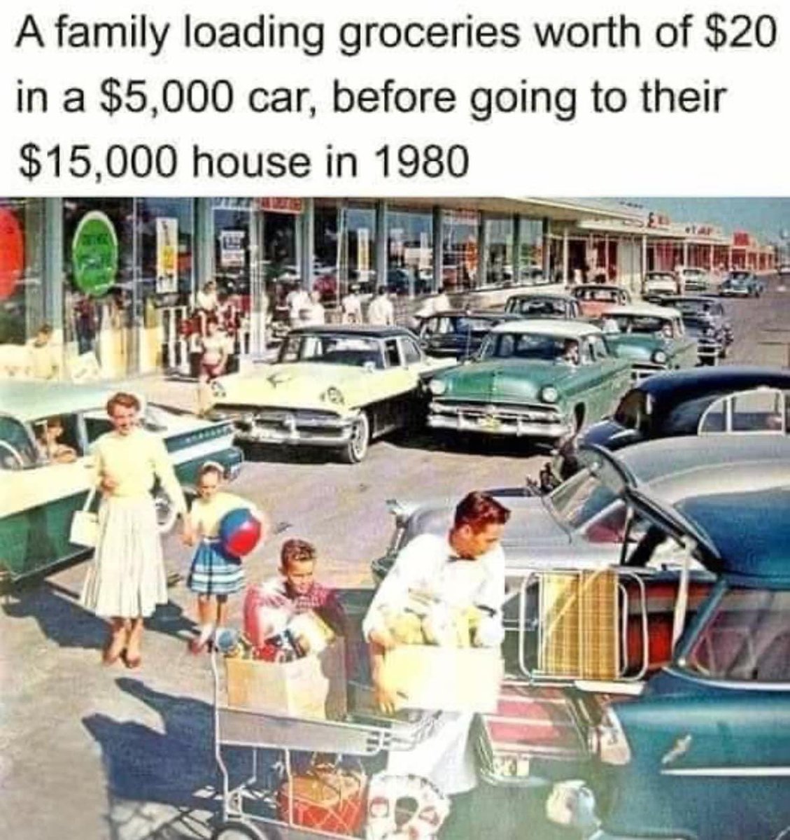 Hard to believe…those cars look older for 1980. Love the cars and the way people dressed up. The whole family also spending time and shopping together.