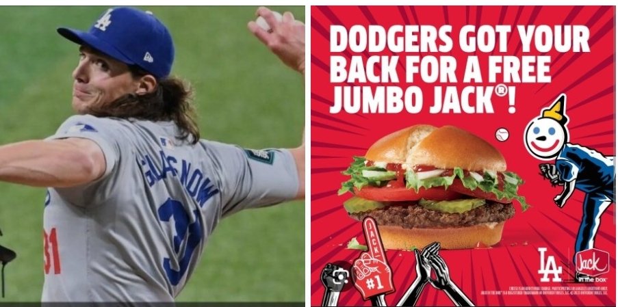 So, 7 strikeouts get you a free Jack in the Box Jumbo Jack. #dodgers Tyler Glasnow strikes out 14 today vs. the Twins today. Does that mean we get upgraded to free Double/Doubles?⚾️😅 7 IP 0 ER 14 K 3 H 0 BB 49% whiff rate!