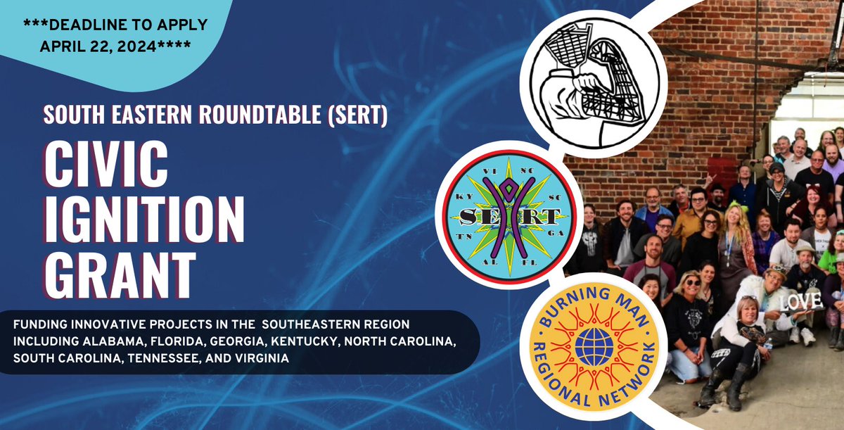 BWB is teaming up with South Eastern Roundtable (SERT) to provide a Civic Ignition Grant for up to $1,500!  What projects do YOU want to see in the world?
**Deadline for applications: April 22nd, 2024**
Webpage link: burnerswithoutborders.org/sert2024