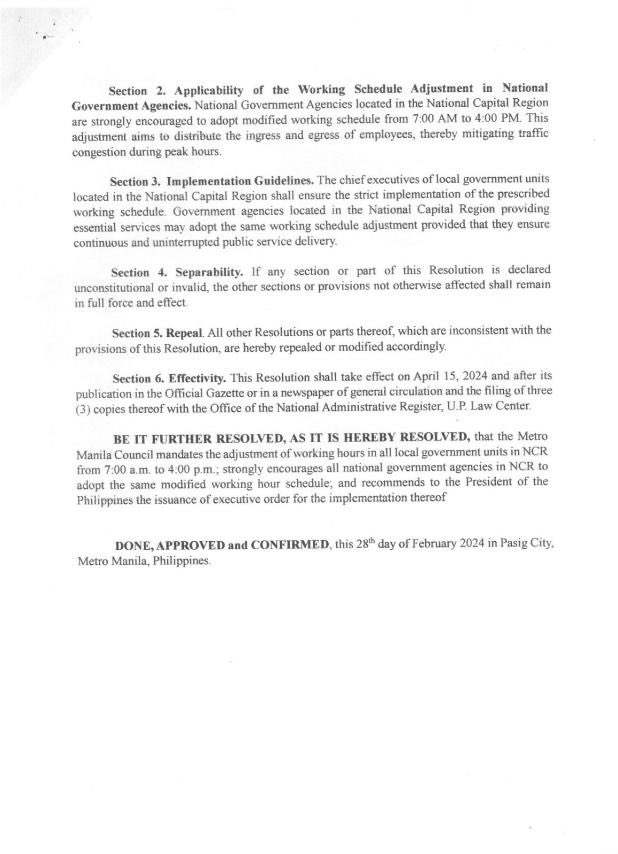 The MMDA issues a resolution mandating the adjustment of working hours in all LGUs in NCR from 7AM to 4PM. National government agencies in Metro Manila are strongly encouraged to adopt to the same modified working schedule, as stated in the resolution. | via @JohnsonManabat