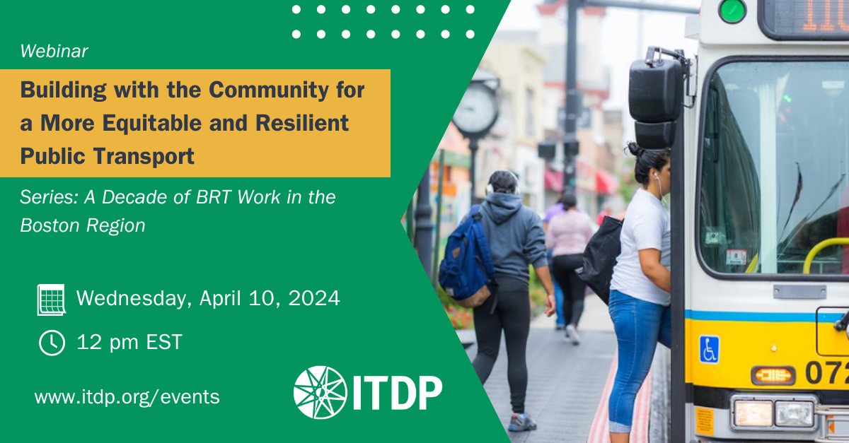 There's still time to join <a href="/ITDPUS/">ITDP US</a>' webinar today at 12pm EDT and explore how community engagement can lead to more equitable, resilient transportation systems in Greater Boston and beyond. 🚍🌱Register now: bit.ly/3TTcmMH  

#ITDPYearoftheBus #busrapidtransit #BRT