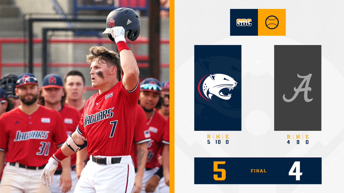 𝗧𝗨𝗥𝗡𝗘𝗗 𝗧𝗛𝗘 𝗧𝗜𝗗𝗘.

<a href="/SouthAlabamaBSB/">South Alabama Baseball</a> rallies from a four-run deficit to take down in-state foe No. 16 Alabama, 5-4. ☀️⚾️