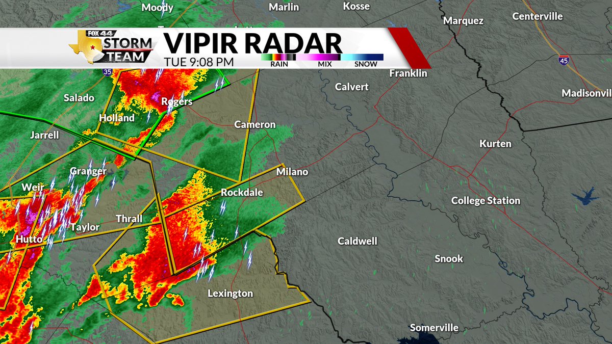 A SEVERE THUNDERSTORM WARNING has been issued for Milam County until 10PM. Storms are moving northeast at 20 mph. Main threats are half dollar sized hail (1.25 inches) and 60 mph wind gusts. #fox44wx