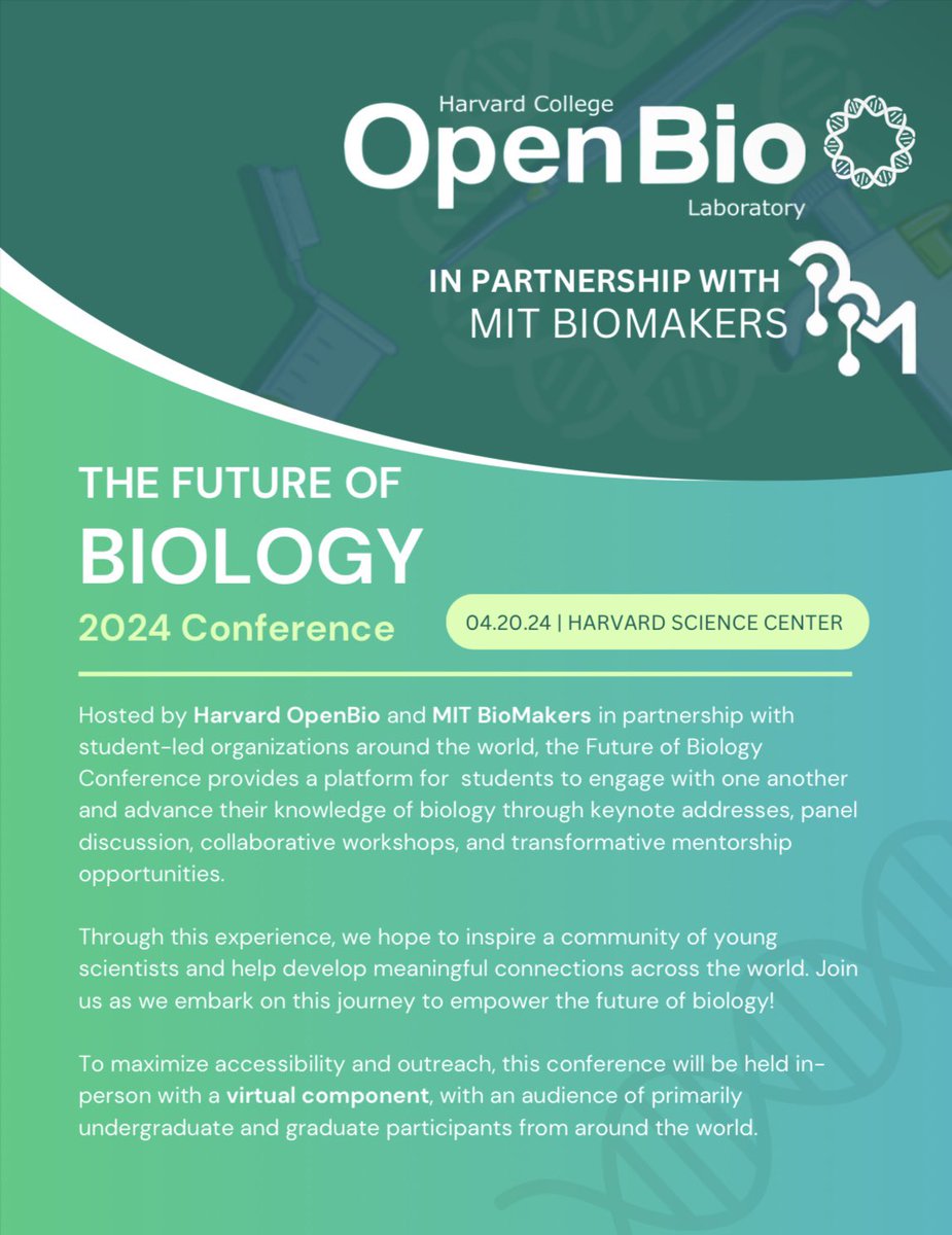 Stoked about the speaker lineup at this year’s @harvardopenbio conference! It’s huge to see leading professors like @geochurch @omarabudayyeh @jgooten in the same place as Gingko co-founder @reshmapshetty and many other seeing speakers. Register here: docs.google.com/forms/d/e/1FAI…