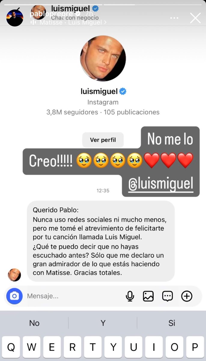 Tras el éxito de la reciente canción de Matisse llamada 'Luis Miguel', el sol de México le envió un mensaje a Pablo, integrante y compositor del tema, para felicitarlo y declararse fan de Matisse.