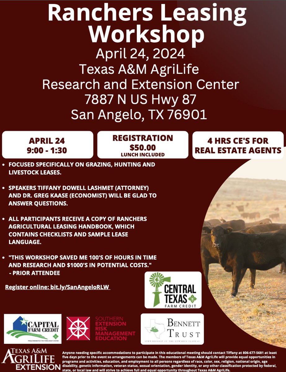 Our Ranchers Leasing Workshop is right around the corner! Dr. Greg Kaase and I will be glad to answer any and all questions pertaining to grazing, hunting, and livestock leases. Real Estate agents can also earn 4 hours of CE credit! agrilifetoday.tamu.edu/2024/03/22/ran…