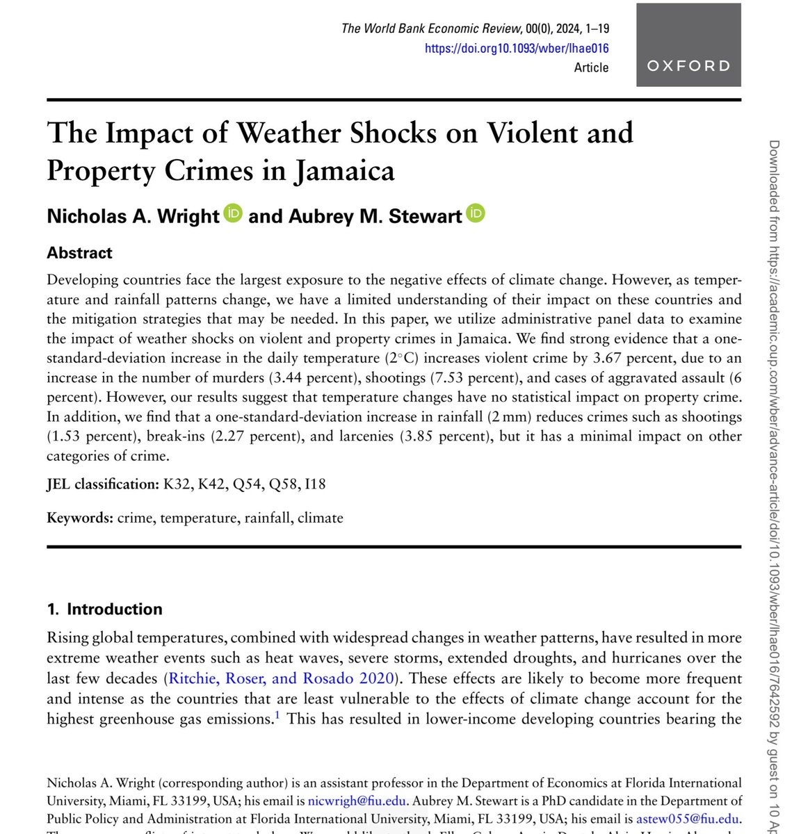 I’m happy to announce that my research paper with @aubreystewartja, titled 'The Impact of Weather Shocks on Violent and Property Crimes in Jamaica,' is now published in The World Bank Economic Review. #weather #crime #climatechange #Jamaica @fiu_sipa @FIUnews @WorldBank