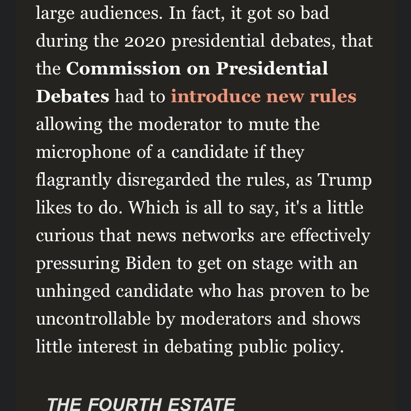 Oliver Darcy with what will soon be the standard take: it’s an affront to decency to even ask Biden to debate (he won’t, so get those excuses ready, DNC-adjacent press!)