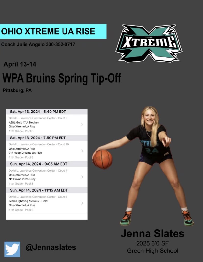 Jennaslates's tweet photo. Excited to be on the court this weekend with my @OhioXtreme teammates - come check us out @WPABruinsTipOff https://t.co/dI0v7VN1NV