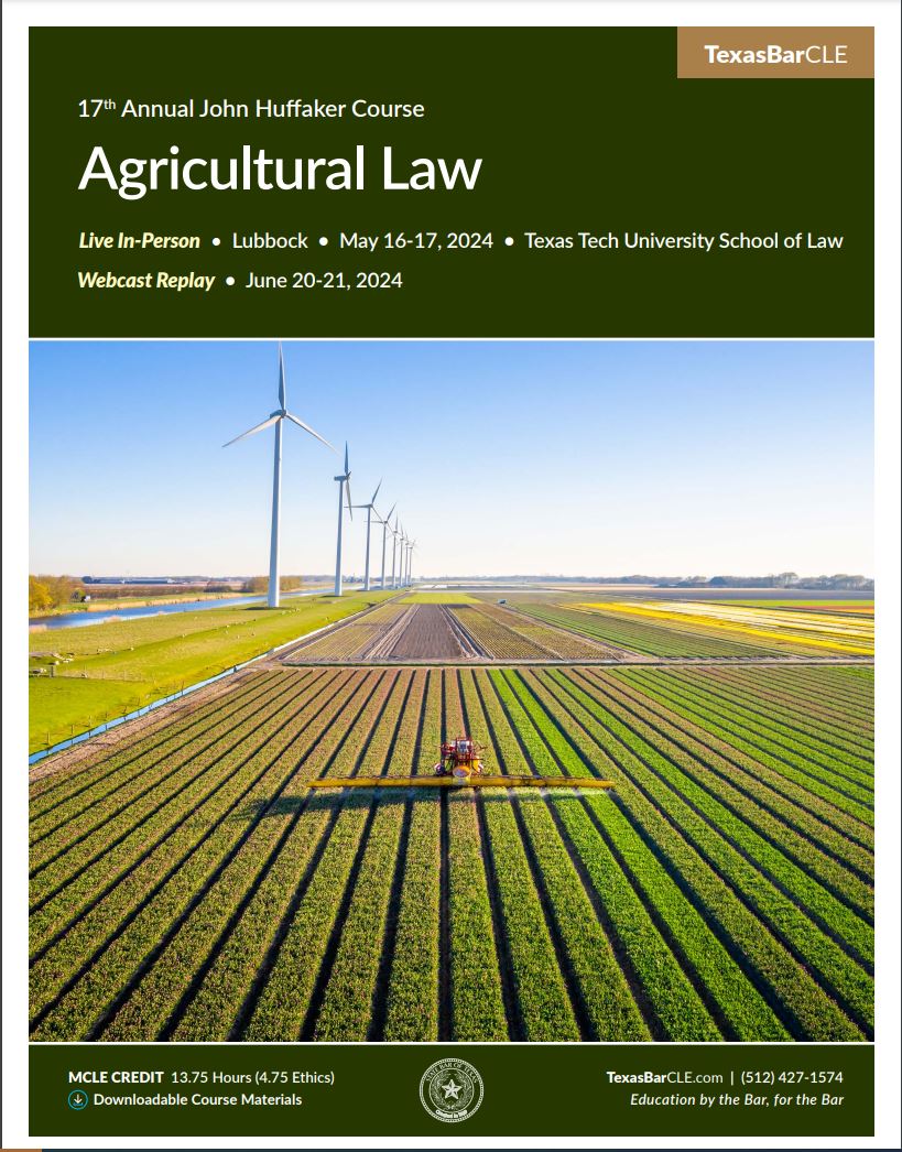 We're a month away from the State Bar of Texas John Huffaker Agricultural Law Course. If you are interested in agricultural law, you do not want to miss this opportunity for continuing legal education credits, great information, and networking. texasbarcle.com/CLE/COSearchRe…