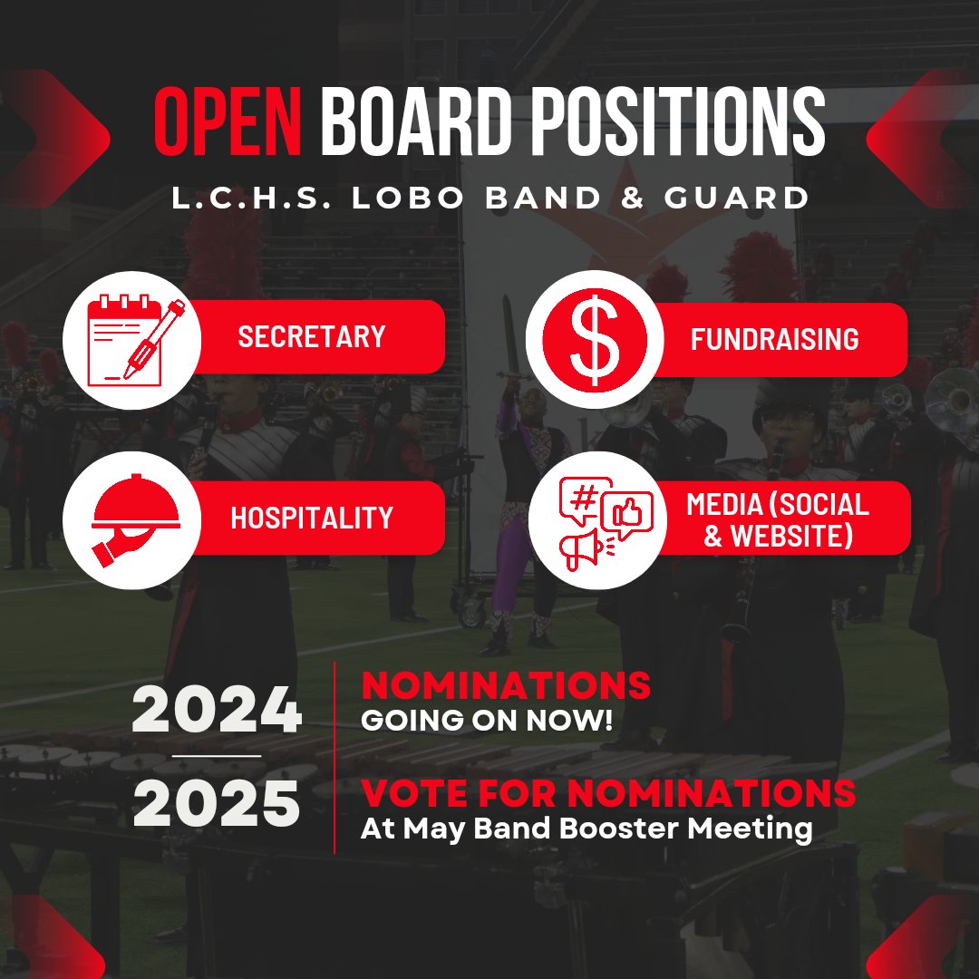 As a reminder, nominations are open for band board positions: Secretary, Hospitality, Fundraising, Media (Social & Website). Voting will take place at the May meeting. #CFISDspirit #CFISDforAll #espiritucfisd #cyfairisd #cfisdnoticias #langhamcreekhs #cfisdmusic #cfisd_finearts