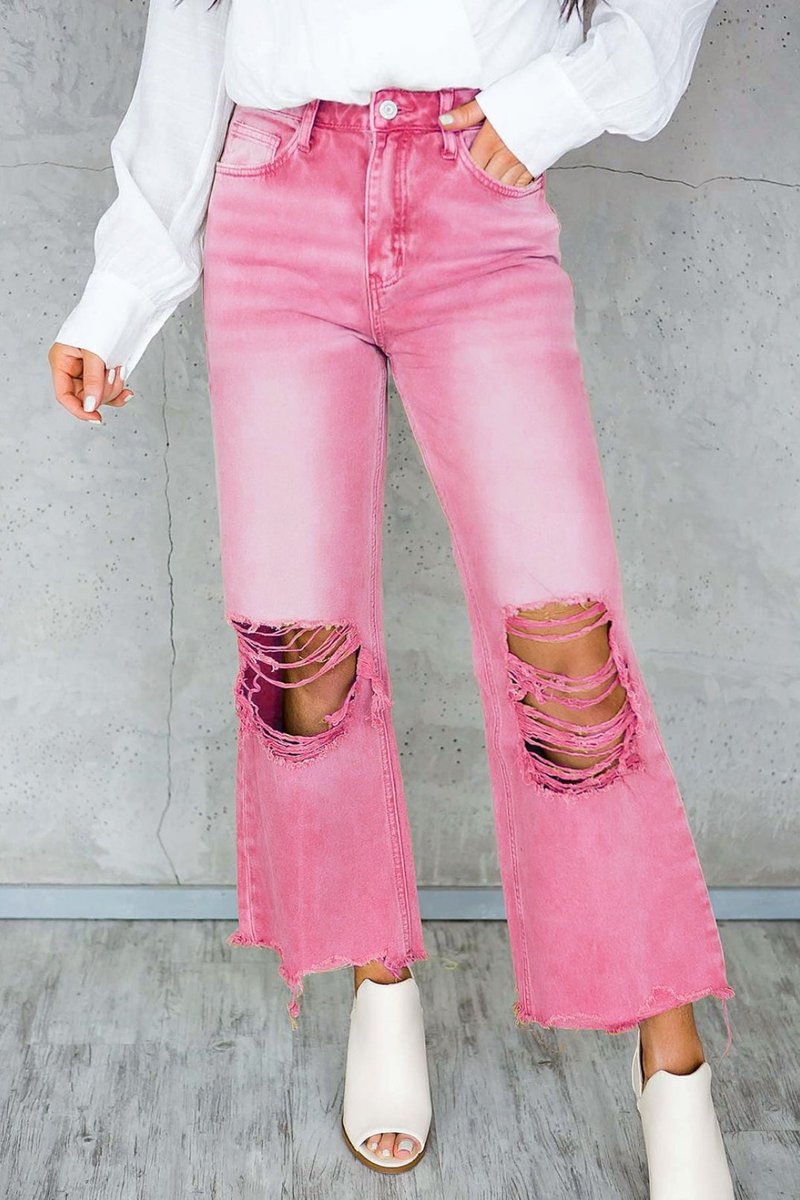 Elevate your denim game with our pink flare distressed jeans! 💖👖 Perfect for adding a pop of color and edgy flair to your outfit. #PinkJeans #FlareJeans #DistressedDenim #Fashionista #OOTD #InstaFashion #DenimLove #PinkPerfection #EdgyStyle #TrendyThreads #FashionInspo #Style