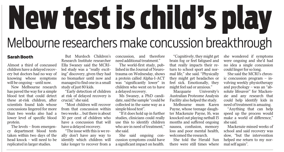 MCRI researcher Ella Swaney has spoken to @theheraldsun about a new study that shows children who experienced ongoing symptoms after a #concussion were more likely to have lower levels of a specific blood protein. Full story 🔽 | #MCRI #MCRIResearch #ChildHealth #HeadInjury