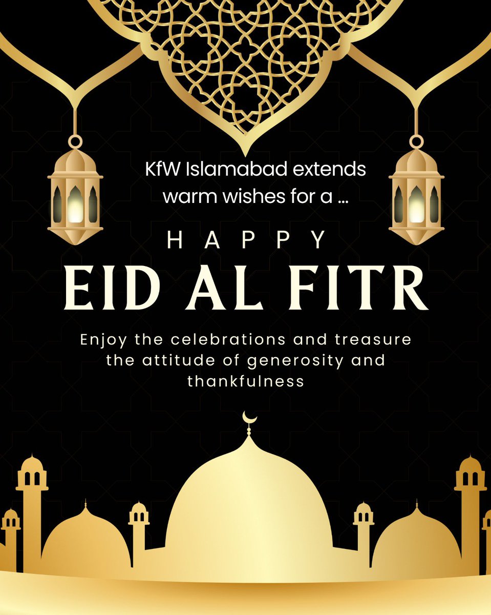 🌙✨ Warm Eid Greetings from KfW Islamabad! 🕊🕌 Wishing all Muslims around the globe a joyous #EidulFitr⁠ filled with blessings, happiness, and prosperity. May this special day be a celebration of unity, love, and peace. #EidMubarak⁠ ⁠🎉